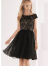 Portrait Neckline Black Lace Chiffon V Back Short Bridesmaid Dress